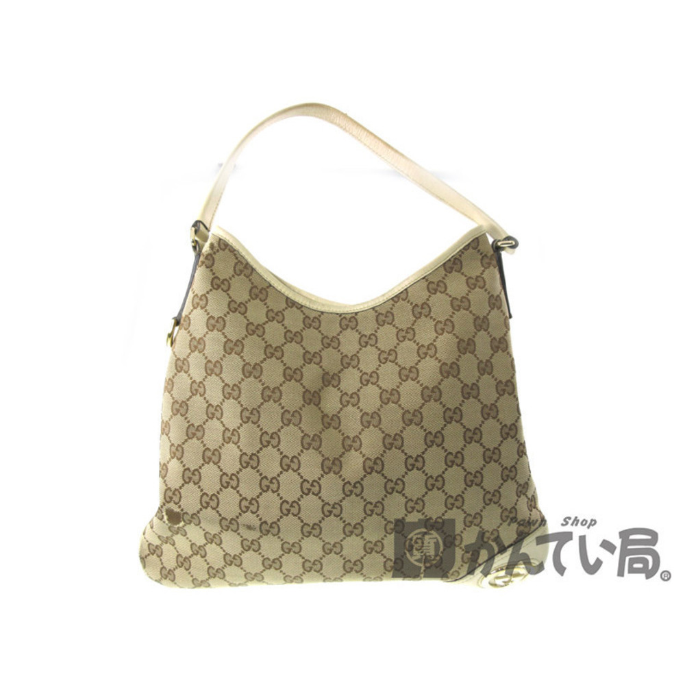 GUCCI One Shoulder Hobo Bag Canvas Leather Brown Beige
